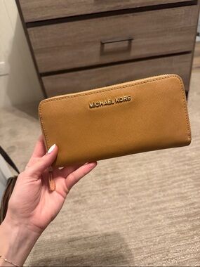 Michael Kors Tan Leather Zip-Around Wallet with Gold Logo